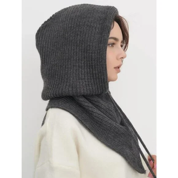 Women Light Gray Hooded Scarf Winter Beanie Hats Beanies Knitted Crochet Hat - Picture 3 of 7